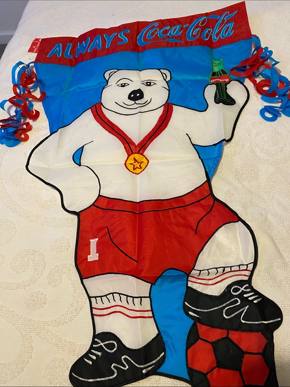 Coca Cola White Polar Bear with Red Shorts & Blue Banner